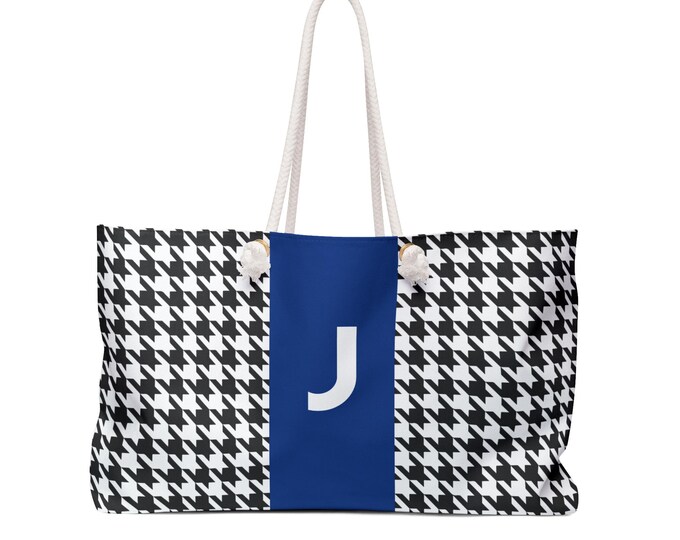 Houndstooth Black and White with Blue and Black J Initialized Detail Womens Weekender Tote Bag, Womens Bag, Womens Handbag