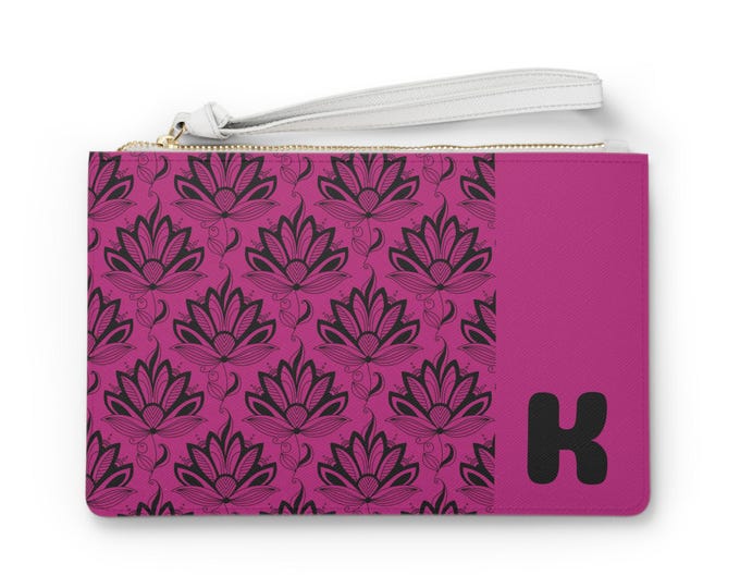 Personalized with your Initial, Magenta with Black Succulents Clutch Bag - Chic Accessory for Women, Stylish Purse, Wristlet