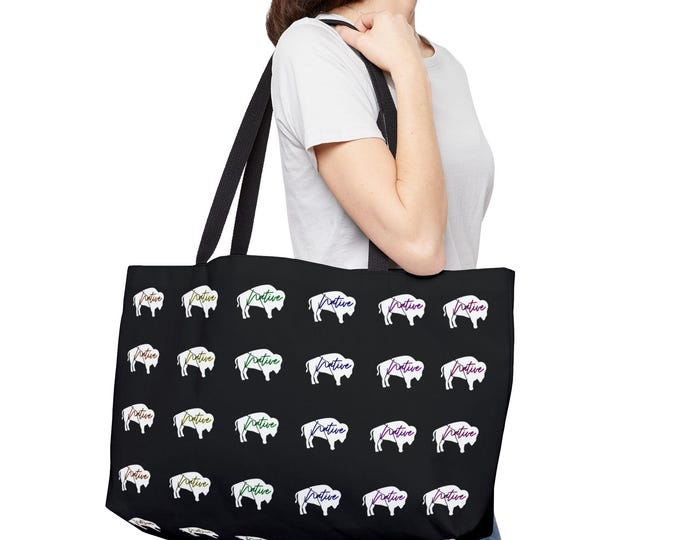 Black-Rainbow Native White Innii-Bison-Native Collection-Iron Woman 80 Weekender Tote Bag