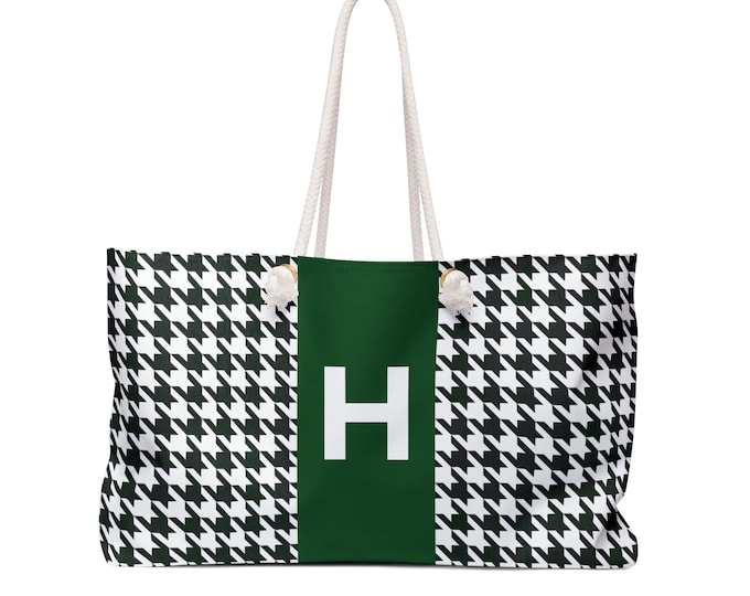 Houndstooth Black White & Forest Green Weekender Tote Bag – Personalized Women’s Oversized Travel Handbag with Initial H