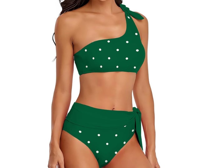 Emerald Green Polka Dot One-Shoulder Tie High-Waisted Bikini Customized Services