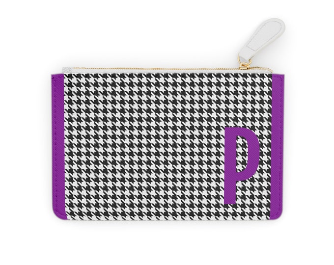 Houndstooth Purple Detail Initialized, P Initial, Personalized Mini Clutch Bag, Womens Zippered Card Holder