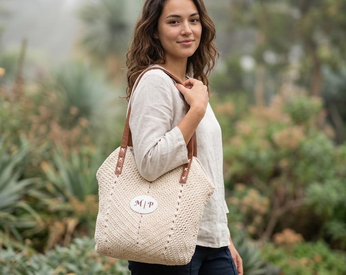 Monogram Straw Your Initials Shoulder Bag, Crochet Beach Tote | Leather Handles