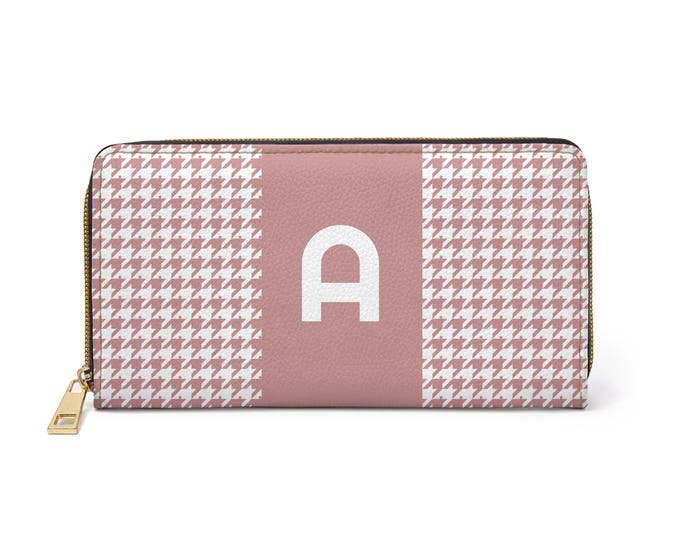 Houndstooth Featherlight Pink Women's Wallet with White Initial A-E | Eco-Friendly Faux Leather Zippered | Personalized | Sustainable