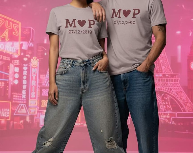 Custom Initials with Heart and Date Tee | Cherry Red Custom Monogram, Anniversary Shirt Valentines Day