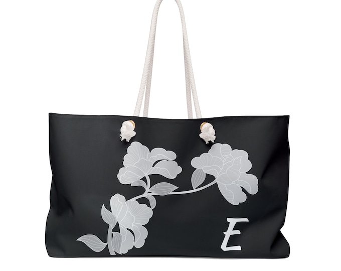 Personalized Black & White Floral Tote Bag: Initial E Weekender