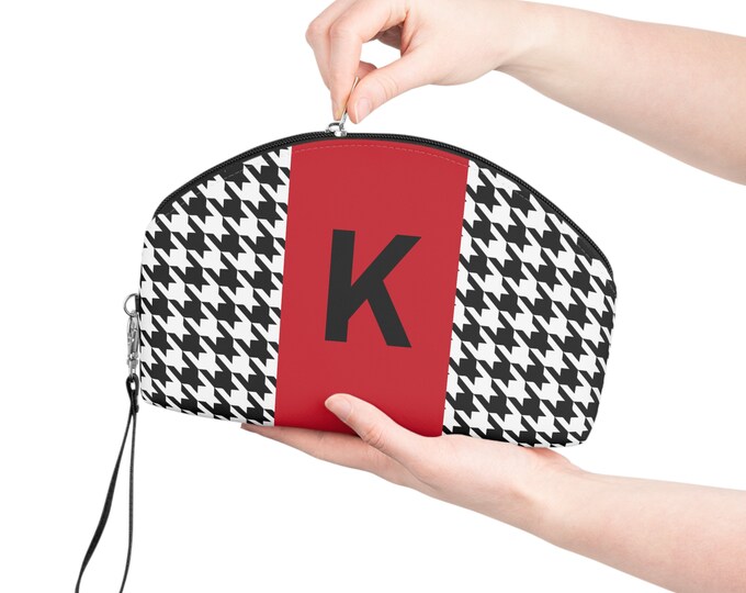 Red, Black, and White Houndstooth pattern Makeup Bag, Personalized with Initial K, Initialized Makeup Bag, Personalized Makeup Bag