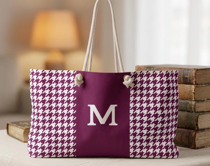 Monogram M Houndstooth Magenta White | Personalized with your Initial (Choose A-Z) Weekender Tote bag