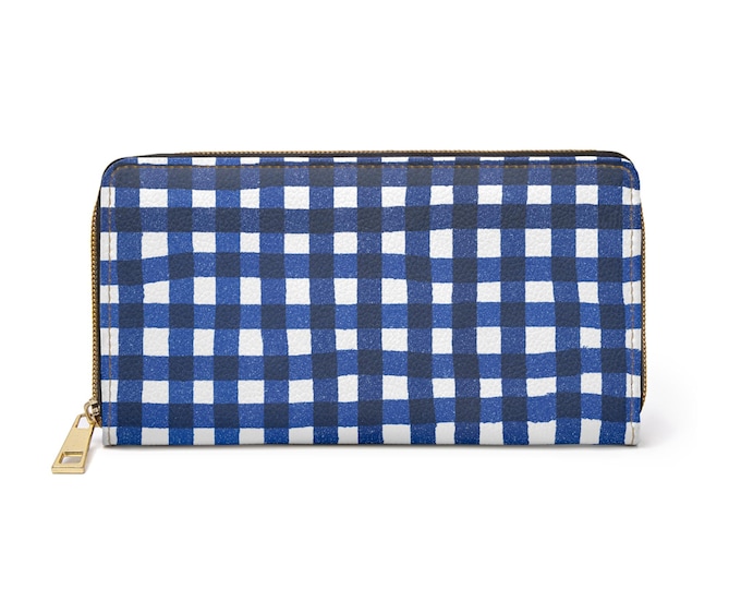 Blue and White Gingham Zipper Wallet | Check Plaid Pattern
