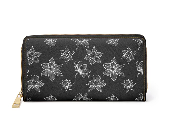 Hand-Drawn White Floral Pattern Zipper Wallet | Black Floral Wallet
