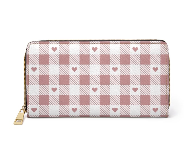 Featherlight Pink Plaid Hearts Zipper Wallet | Plaid Heart Pattern Wallet