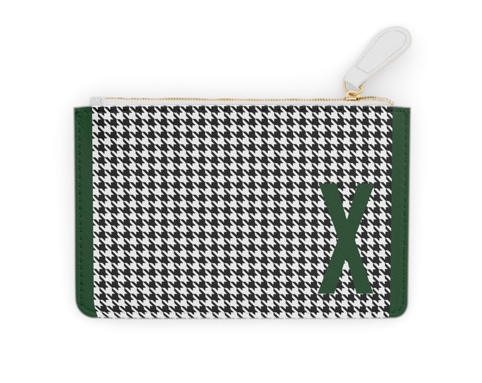 Houndstooth Forrest Green Detail Initialized, X Initial, Personalized Mini Clutch Bag, Womens Zippered Card Holder