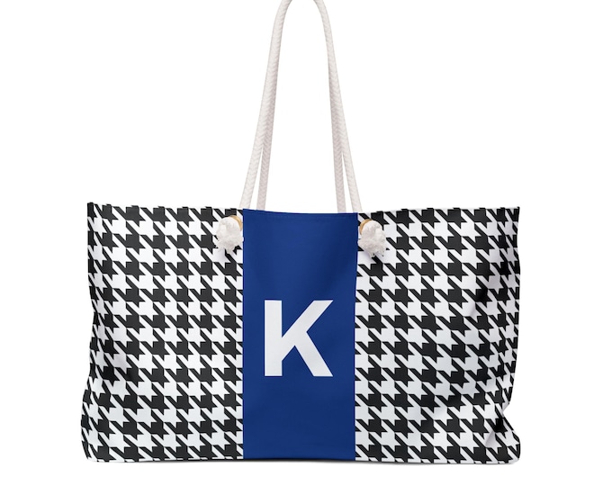Houndstooth Black & White Weekender Tote | Blue K Initial | Personalized Women’s Handbag