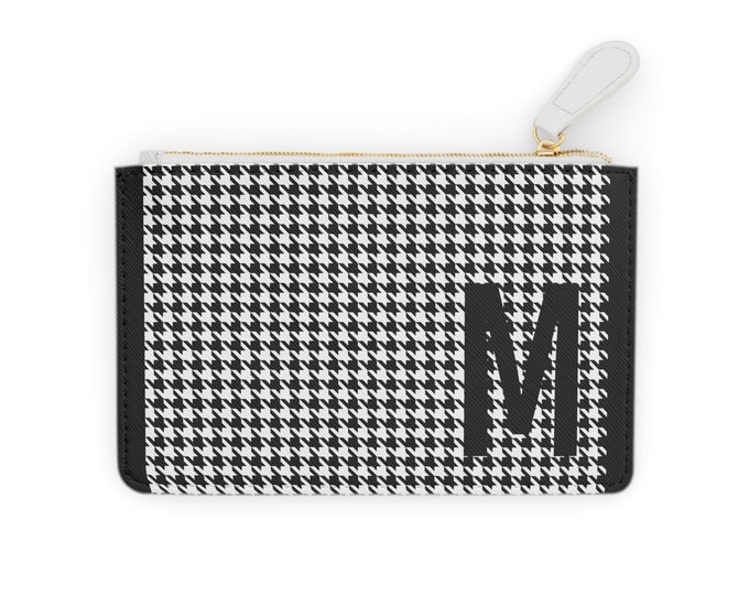 Houndstooth Black Detail Initialized,M , Personalized Mini Clutch Bag, Womens Zippered Card Holder