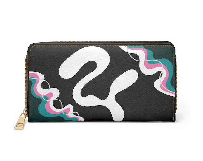 Abstract Wave Swirl Zipper Wallet | Black White Teal Pink