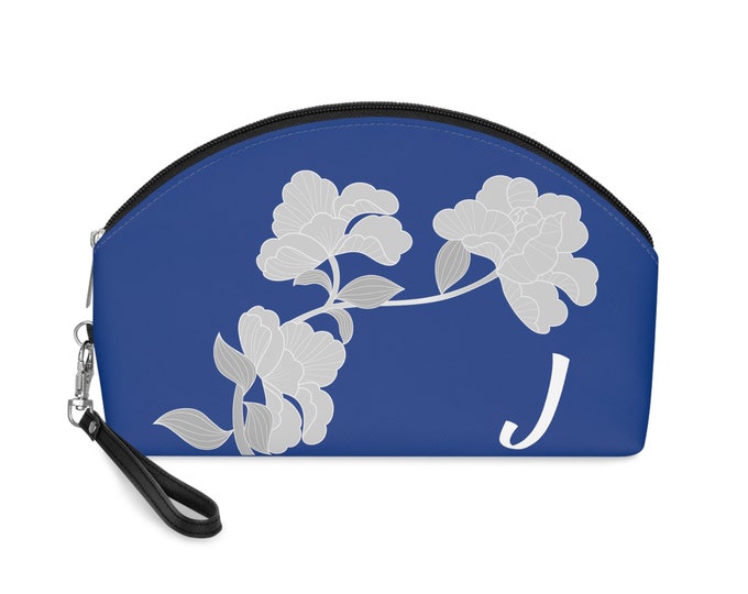 White and Blue Womens Floral Makeup Bag, Personalized with your Initial, Zippered Cosmetic Bag, Initial J