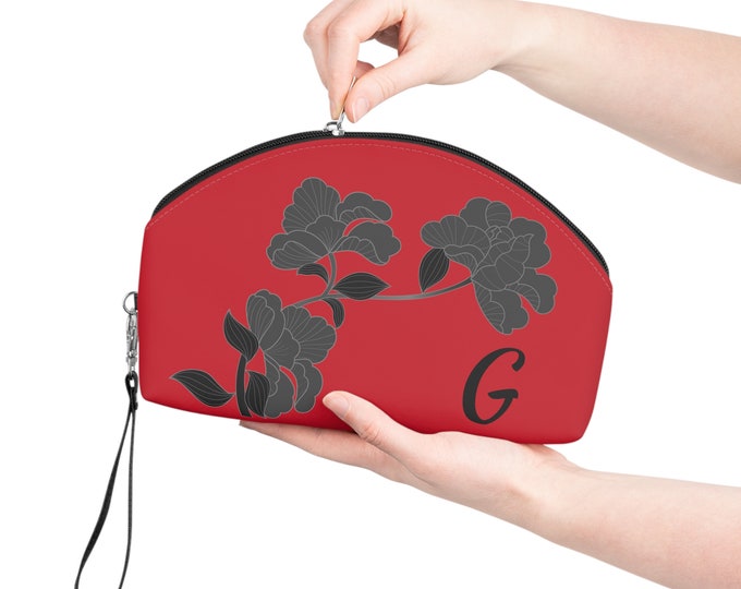 Red and Black Womens Floral Makeup Bag, Personalized with your Initial, Zippered Cosmetic Bag, Initial G