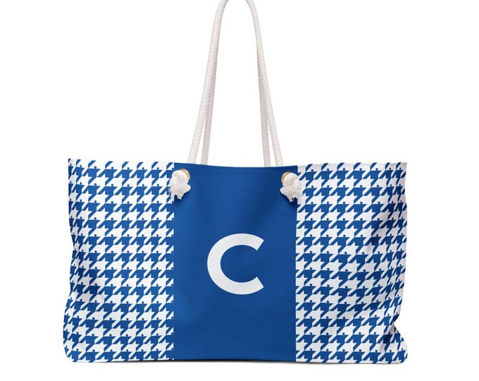 Houndstooth Morning glacier with White Initialized A-Z Detail Womens Weekender Tote Bag, Personalized Bag, Initialized Handbag