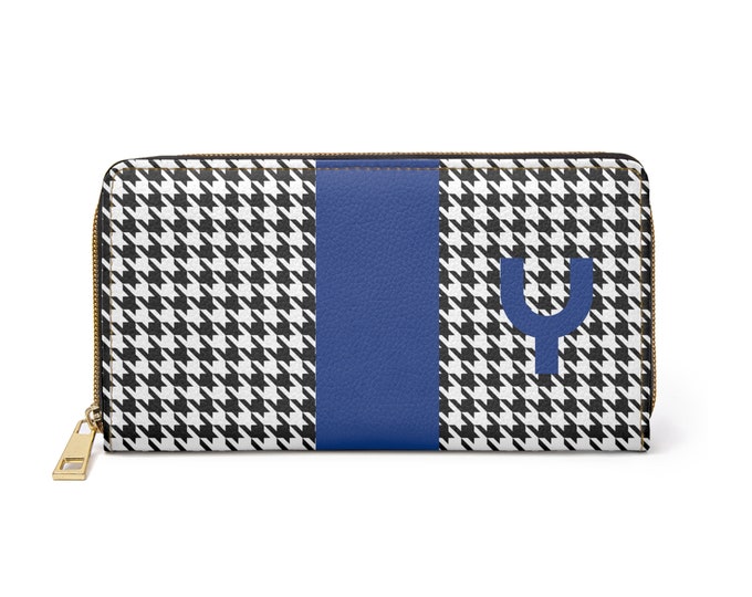Houndstooth Black and White with Blue Y Initialized Detail Womens Zippered Wallet