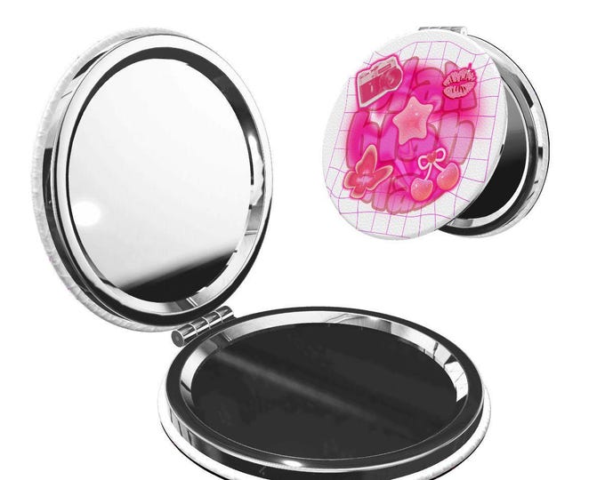 Y2K Pink Graphics Round Shape Portable Pocket Mirror