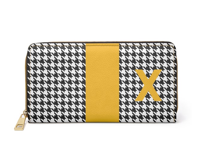 Houndstooth Black and White with Marigold X Initialized Detail Womens Zippered Wallet, Personalized Wallet, Womens Wallet