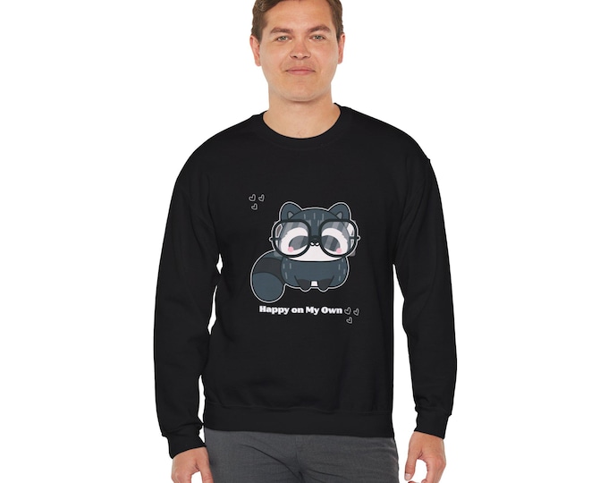 Cute Raccoon with Glasses | Happy on my own Typography Animal Crewneck Sweatshirt