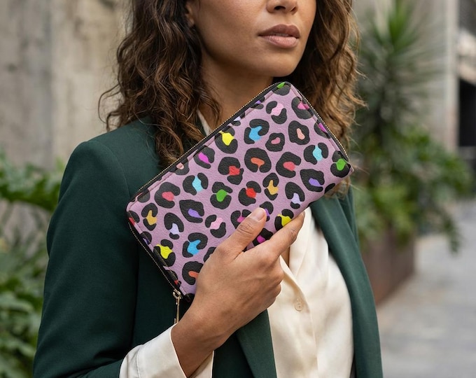 Zippered Long Wallet, Rainbow Leopard Pink Pattern