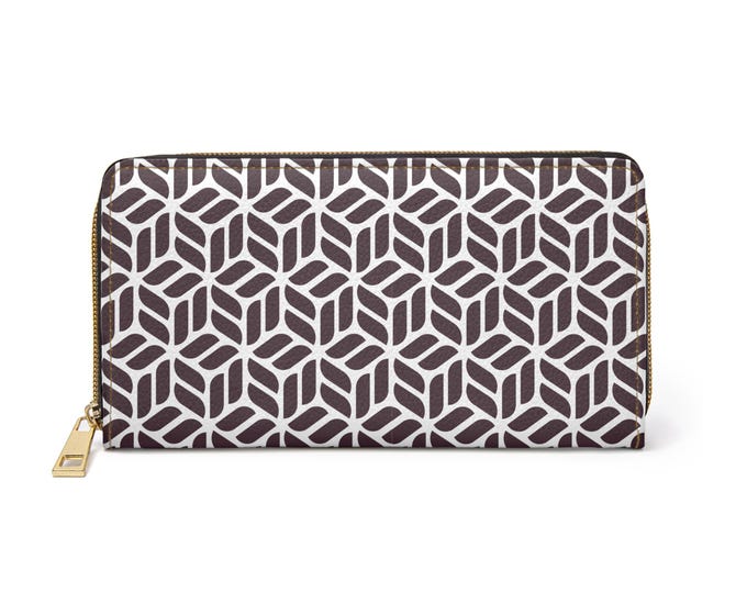 Geometric Cube Pattern Zipper Wallet | Brown and White Monochrome Repeat Design