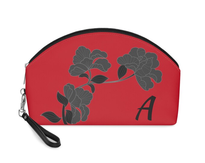 Red and Black Womens Floral Makeup Bag, Personalized with your Initial, Zippered Cosmetic Bag, Initial A