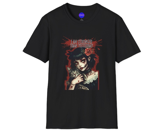 I Am Stronger Than Yesterday Halloween T-Shirt | Gothic Zombie girl illustration