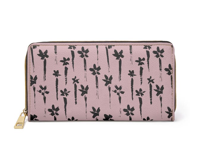 Handpainted Floral Pattern Zipper Wallet | Pink Black Bloom Design