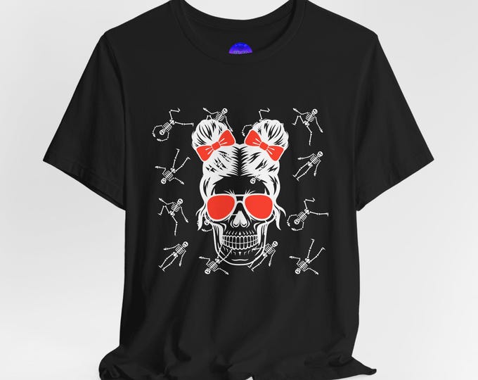 Messy Bun White Skeleton Black Tshirt, Unisex Jersey Short Sleeve Tee, Halloween Shirt, Womens Halloween Tshirt