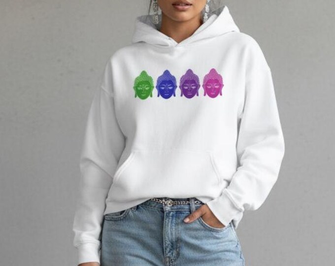 Buddha Rainbow Graphics Hoodie Unisex Sponge Fleece Pullover Gold, White, Black, Green or Pink