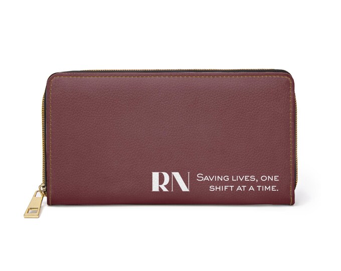 RN Nurse Logo Zipper Wallet | Saving Lives One Shift At A Time, Maroon Wallet