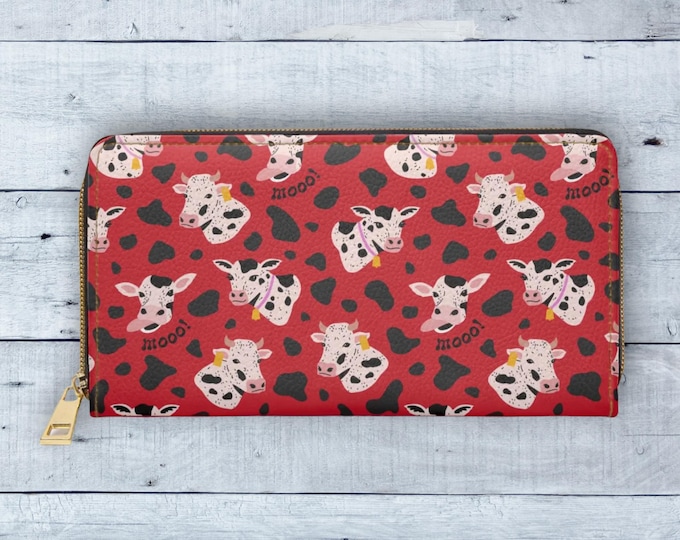 Red Cow Print Zipper Wallet, Vegan Leather Clutch with Gold Stitching, Stylish Gift for Animal Lovers & Trendy Teens