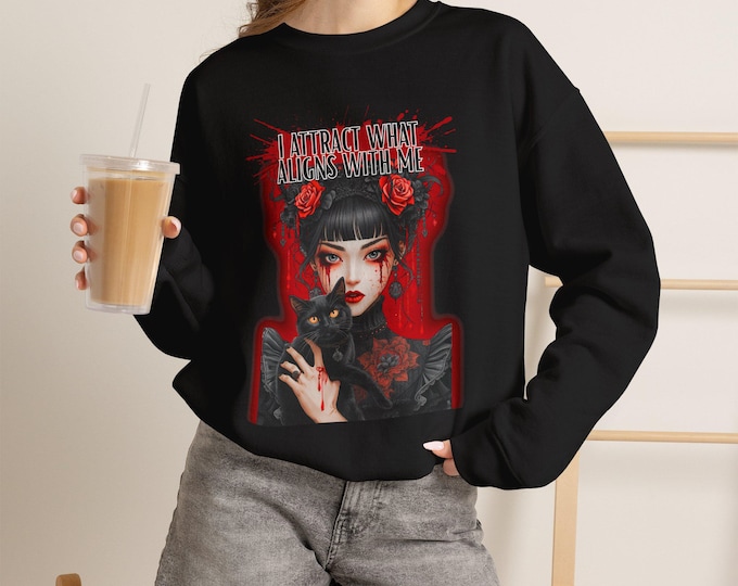 I Attract What Aligns With Me Halloween Crewneck Sweatshirt | Vampire Gothic Girl with Black Cat