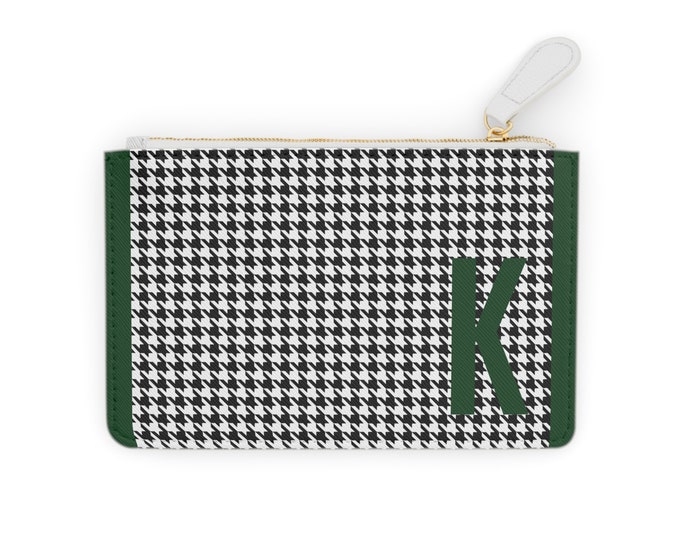 Houndstooth Forrest Green Detail Initialized, K Initial, Personalized Mini Clutch Bag, Womens Zippered Card Holder