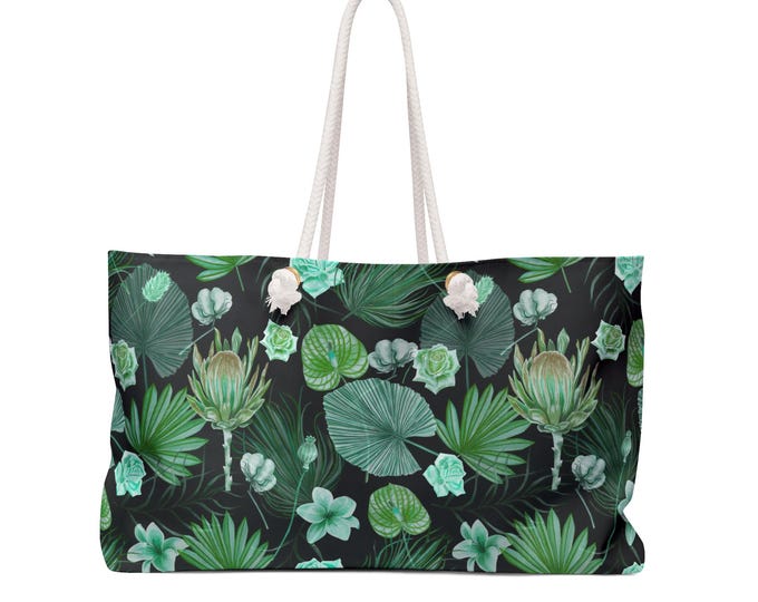 Green Tropical Leaves Weekender Bag | Palm Protea Botanical Pattern