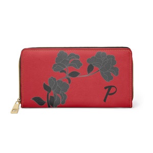 Red and Black Womens Floral Wallet, Personalized with your Initial, Zippered Wallet, Initial P