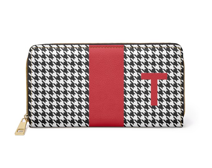 Houndstooth Black and White with Red T Initialized Detail Womens Zippered Wallet
