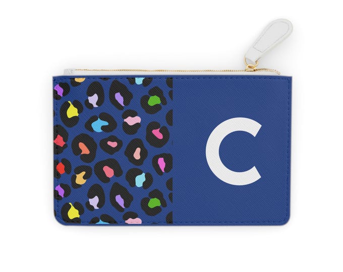 Initial C, Personalized card holder, Blue Leopard Rainbow Print Mini Clutch
