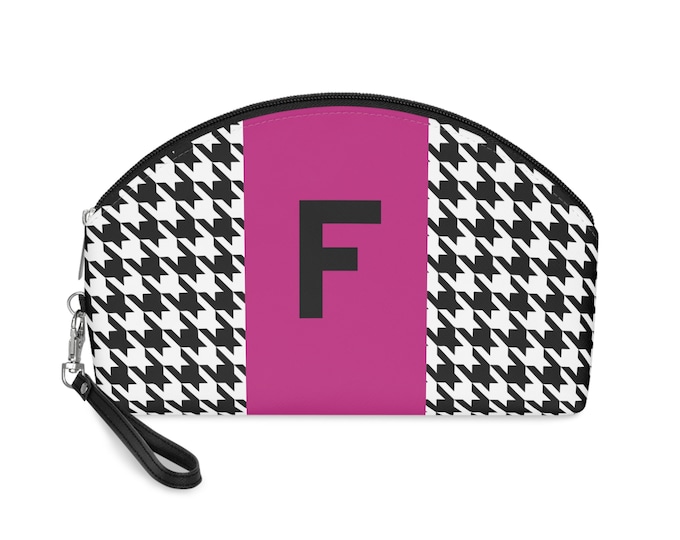 Magenta, Black, and White Houndstooth patterned Makeup Bag, Personalized with Initial F, Her Makeup bag, Initialized