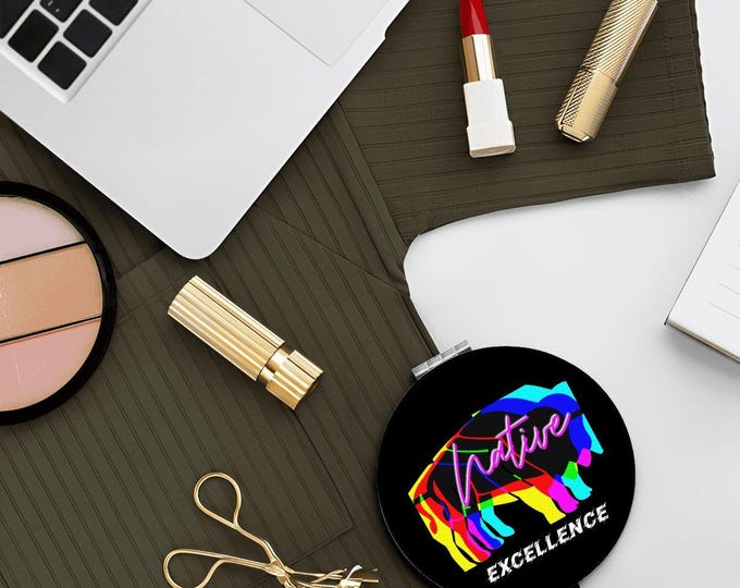 Black and Rainbow Native Excellence Innii aka Bison Round Shape Portable Pocket Mirror