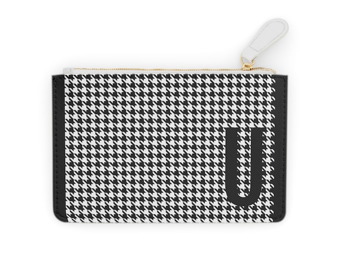 Houndstooth Black Detail Initialized, U Initial, Personalized Mini Clutch Bag, Womens Zippered Card Holder