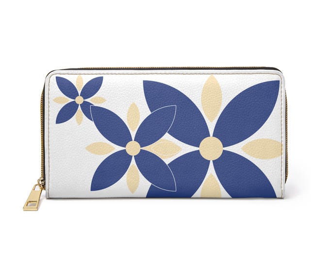Blue Floral Pattern Zipper Wallet | Modern Flower Print White Wallet