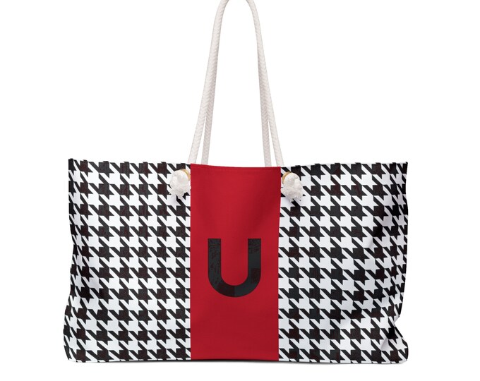 Houndstooth Black and White with Red and Black U Initialized Detail Womens Weekender Tote Bag