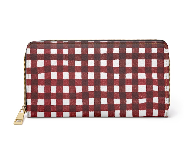 Red and White Gingham Zipper Wallet | Check Plaid Pattern