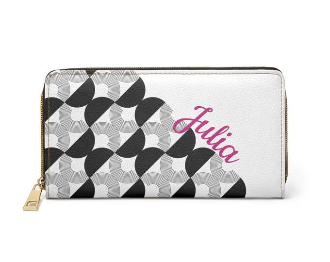 Black and White Womens Wallet, Mid Century Modern Patter, Personalized with your Name, Zippered Wallet