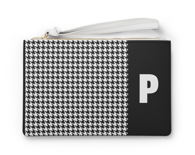 Black and White with your Initial, Choose P-T, Stylish Houndstooth Clutch Bag, Trendy Accessory for Women