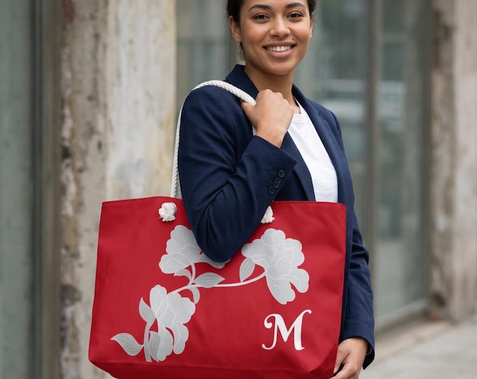Tomato Red White Floral Tote, Personalized with your Initial, Tote Bag